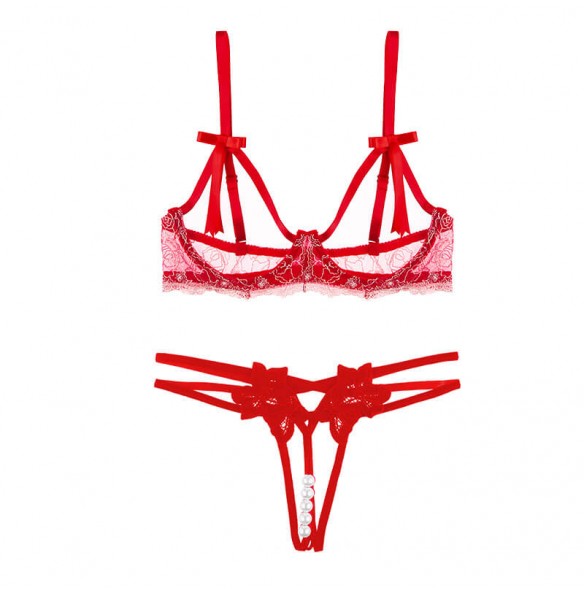 FEE ET MOI - Beaded Floral Open-Crotch Panties Bikini (Red) FEE ET MOI - Beaded Floral Open-Crotch Panties Bikini (Red)